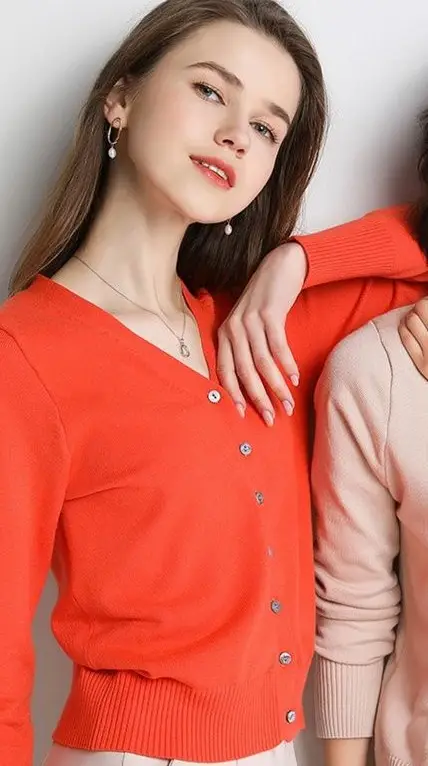 Women Red Long Sleeve Knitted Cardigan Large - Image 14