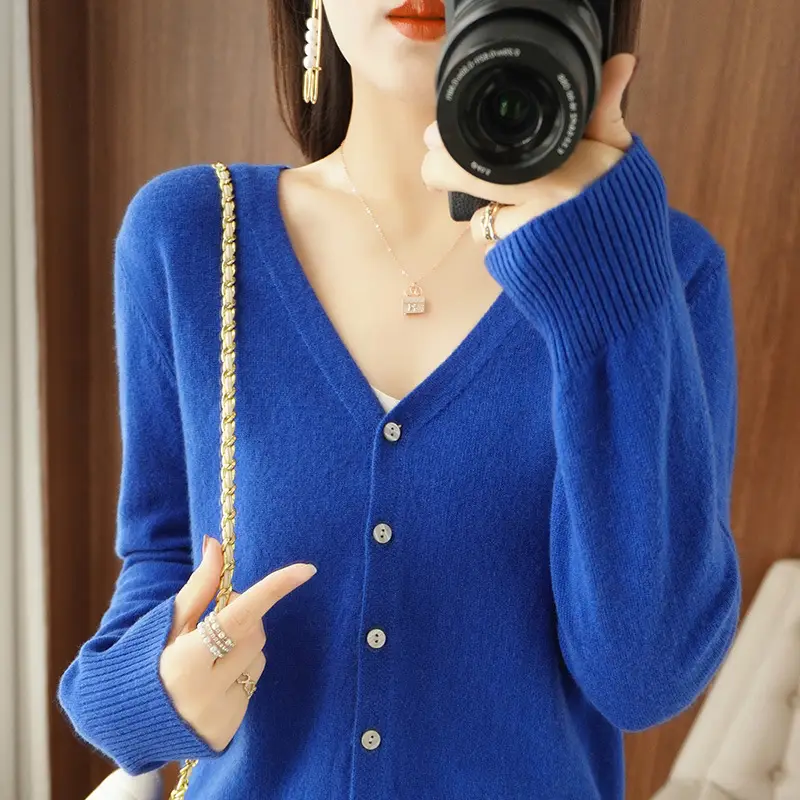 Women Red Long Sleeve Knitted Cardigan Large - Image 21