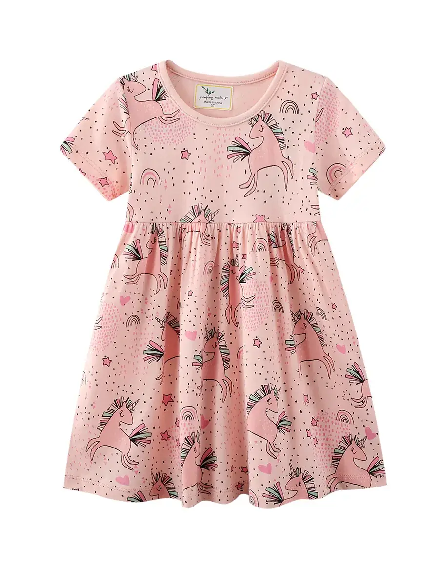 Pink Cartoon Giraffe Dress for Girls Summer 2024