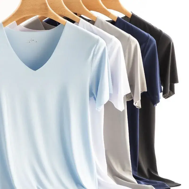 Men Slim Fit V-Neck T-Shirt Light Blue Plus Size - Image 7