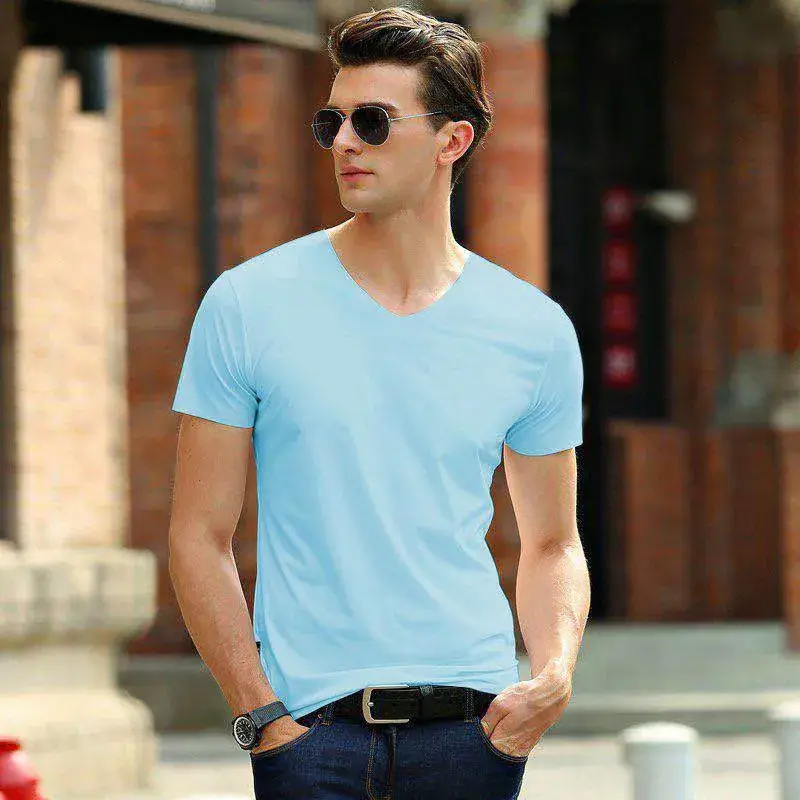 Men Slim Fit V-Neck T-Shirt Light Blue Plus Size - Image 8