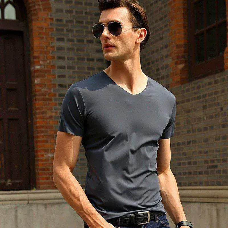 Men Slim Fit V-Neck T-Shirt Light Blue Plus Size - Image 9