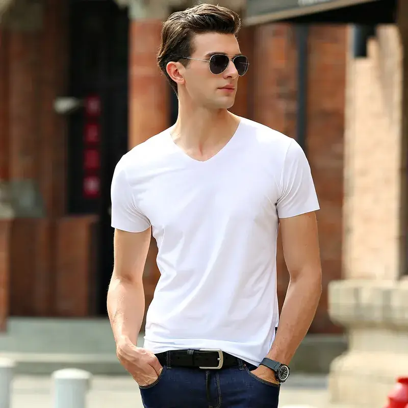 Men Slim Fit V-Neck T-Shirt Light Blue Plus Size - Image 10