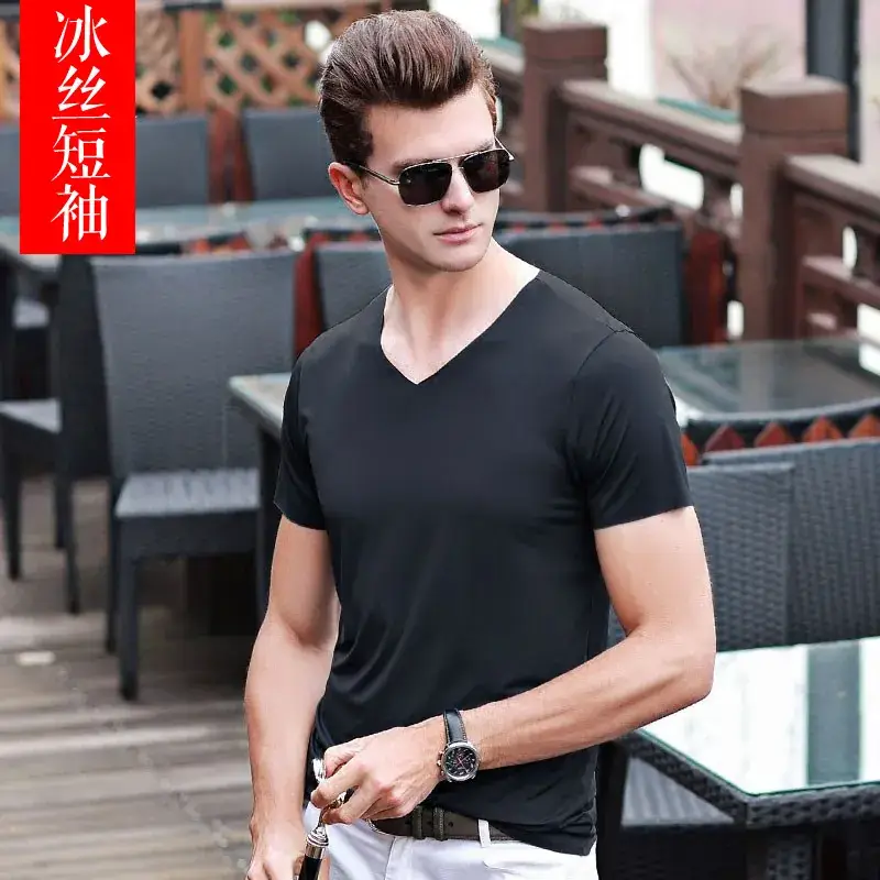 Men Slim Fit V-Neck T-Shirt Light Blue Plus Size - Image 3