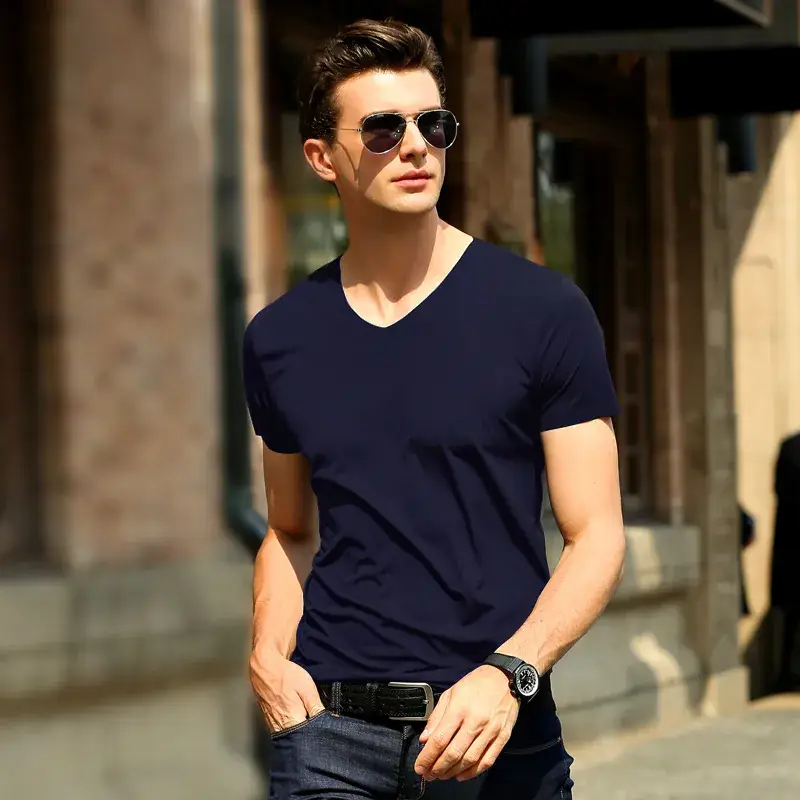 Men Slim Fit V-Neck T-Shirt Light Blue Plus Size - Image 4