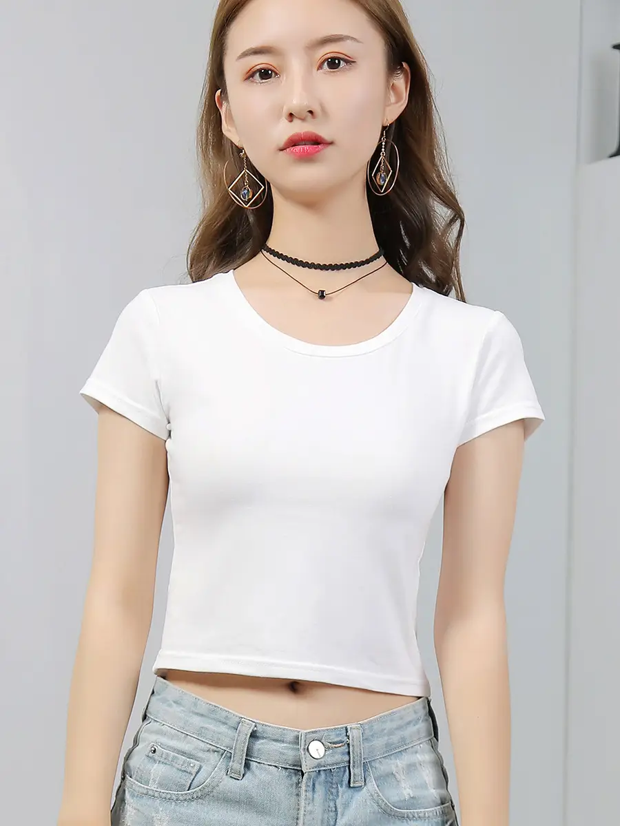Women Cropped Short Sleeve T-Shirt Grey Korean Style