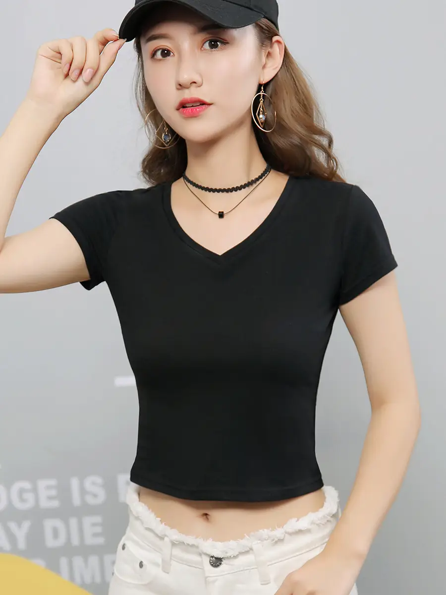 Women Cropped Short Sleeve T-Shirt Grey Korean Style