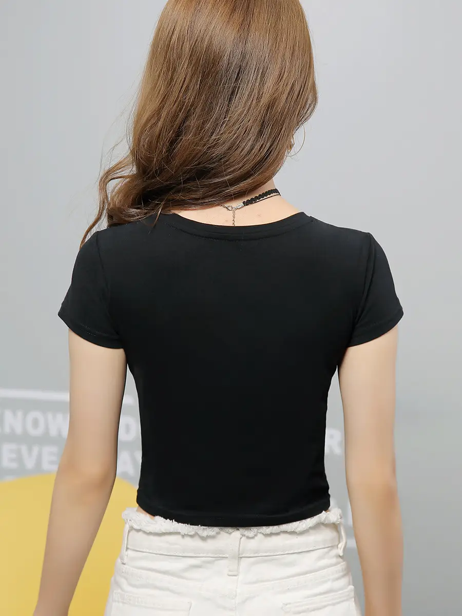 Women Cropped Short Sleeve T-Shirt Grey Korean Style
