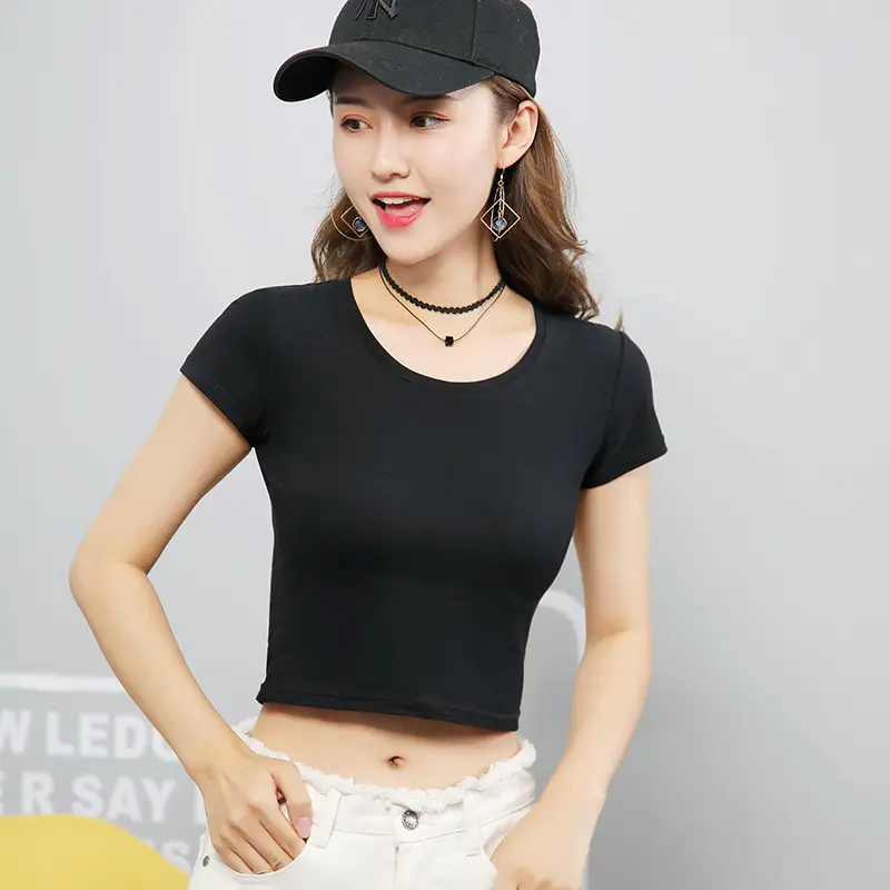 Women Cropped Short Sleeve T-Shirt Grey Korean Style