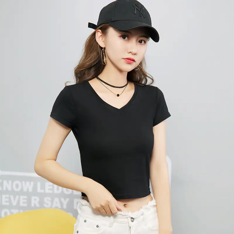 Women Cropped Short Sleeve T-Shirt Grey Korean Style