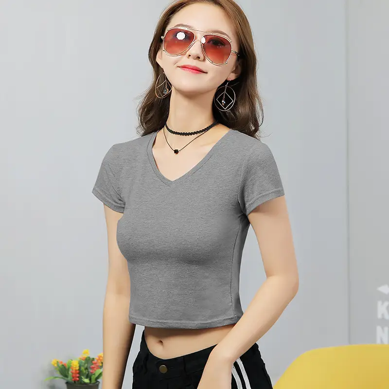 Women Cropped Short Sleeve T-Shirt Grey Korean Style