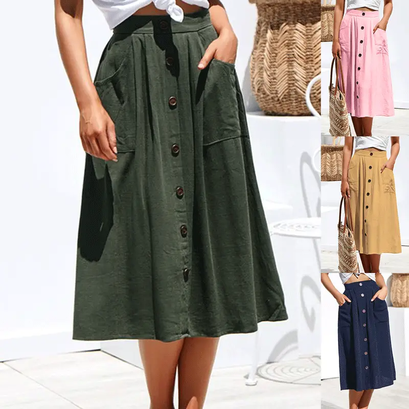2023 Women's Green Cotton Long Skirt Dress with Button Front - Image 8