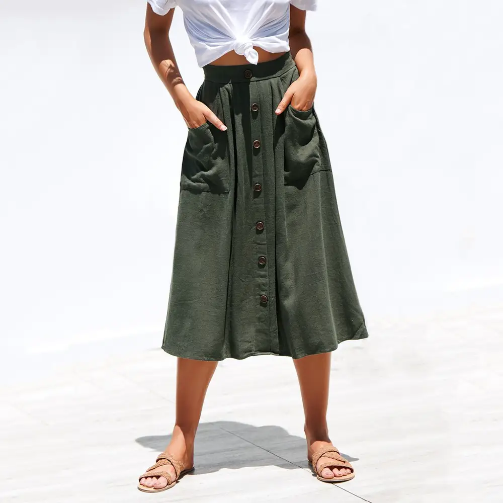 2023 Women's Green Cotton Long Skirt Dress with Button Front - Image 10