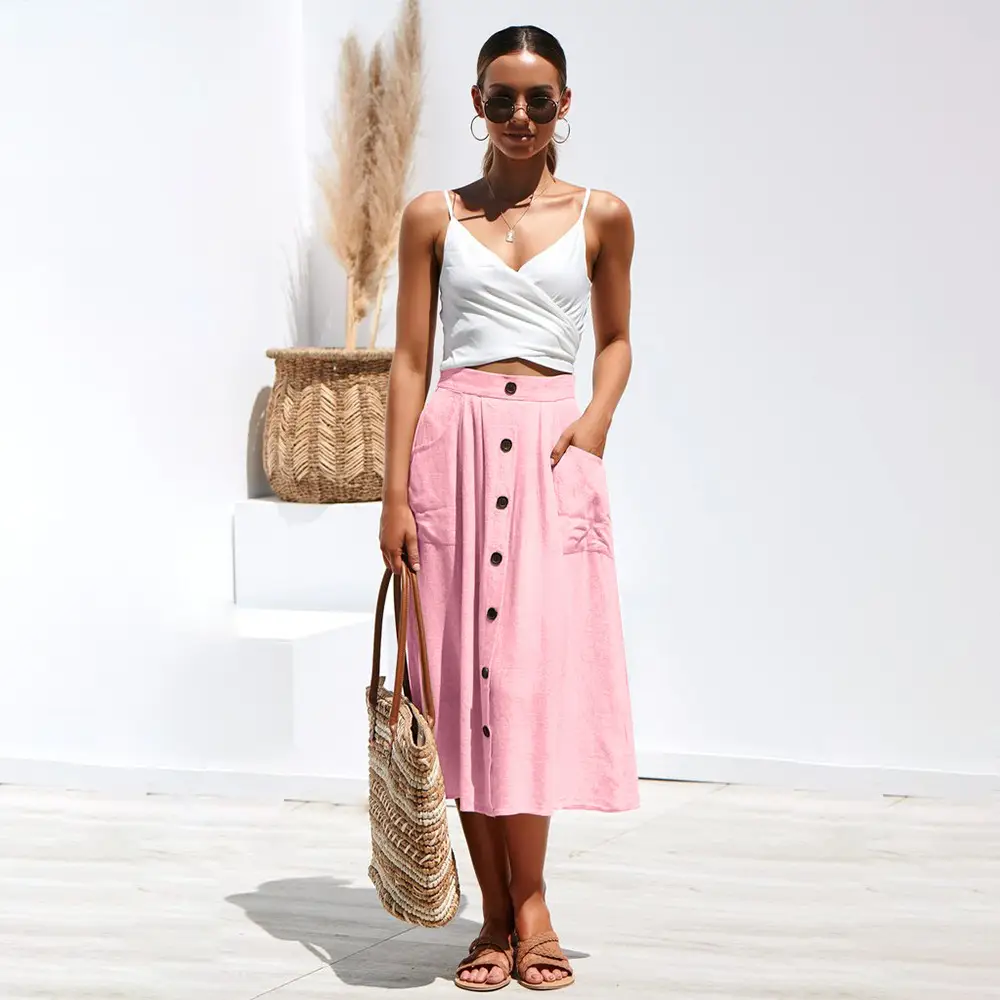 2023 Women's Green Cotton Long Skirt Dress with Button Front - Image 11