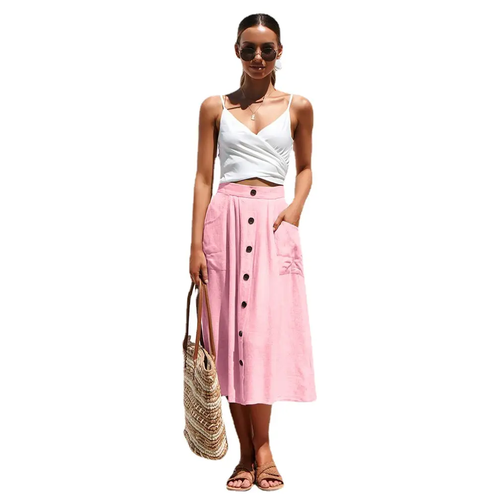 2023 Women's Green Cotton Long Skirt Dress with Button Front - Image 12