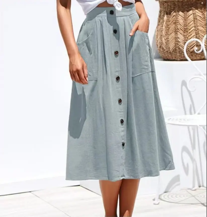 2023 Women's Green Cotton Long Skirt Dress with Button Front - Image 6