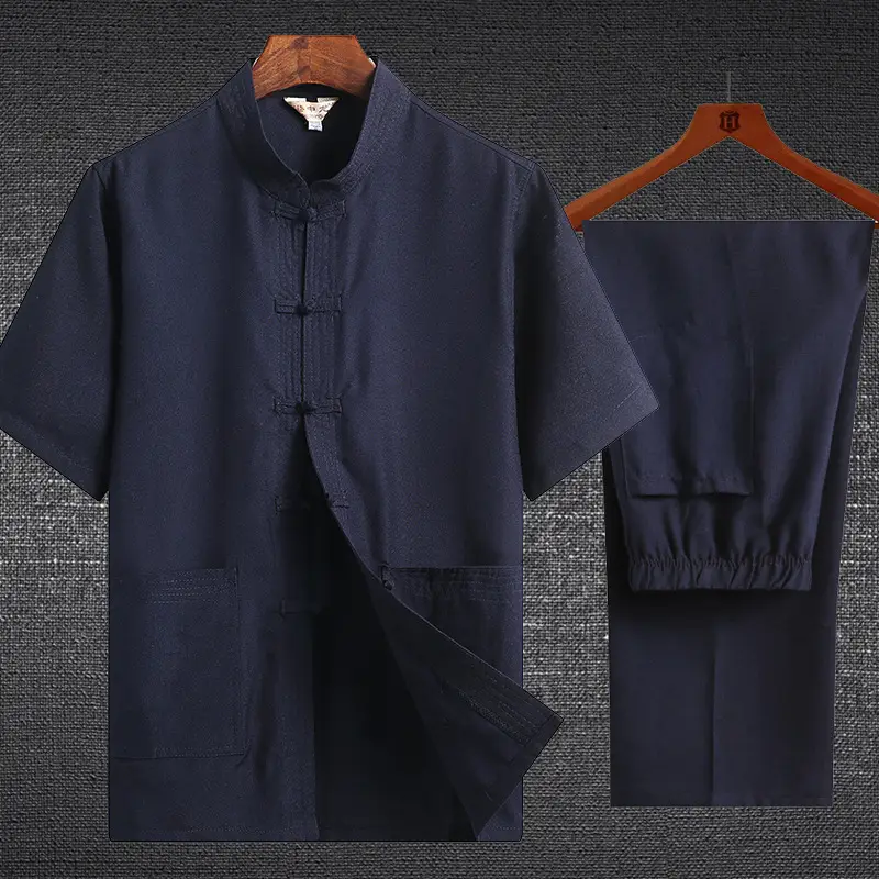 Men Linen Tang Suit White Short Sleeve Chinese Style - Image 10