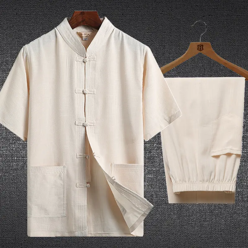 Men Linen Tang Suit White Short Sleeve Chinese Style - Image 11