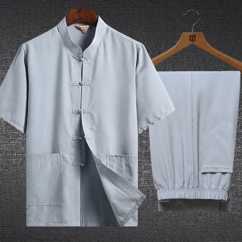 Men Linen Tang Suit White Short Sleeve Chinese Style - Image 3