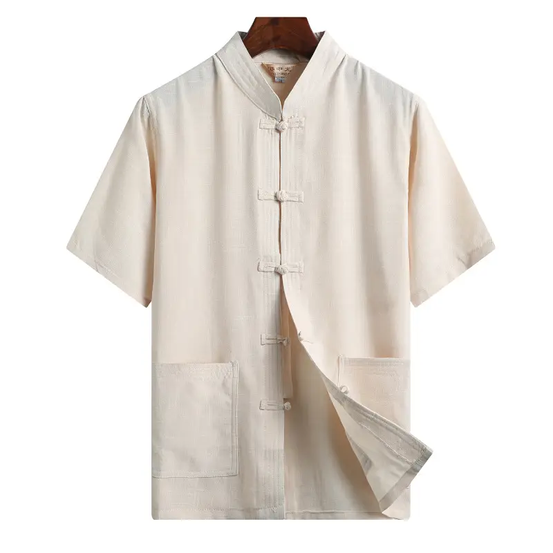 Men Linen Tang Suit White Short Sleeve Chinese Style - Image 6