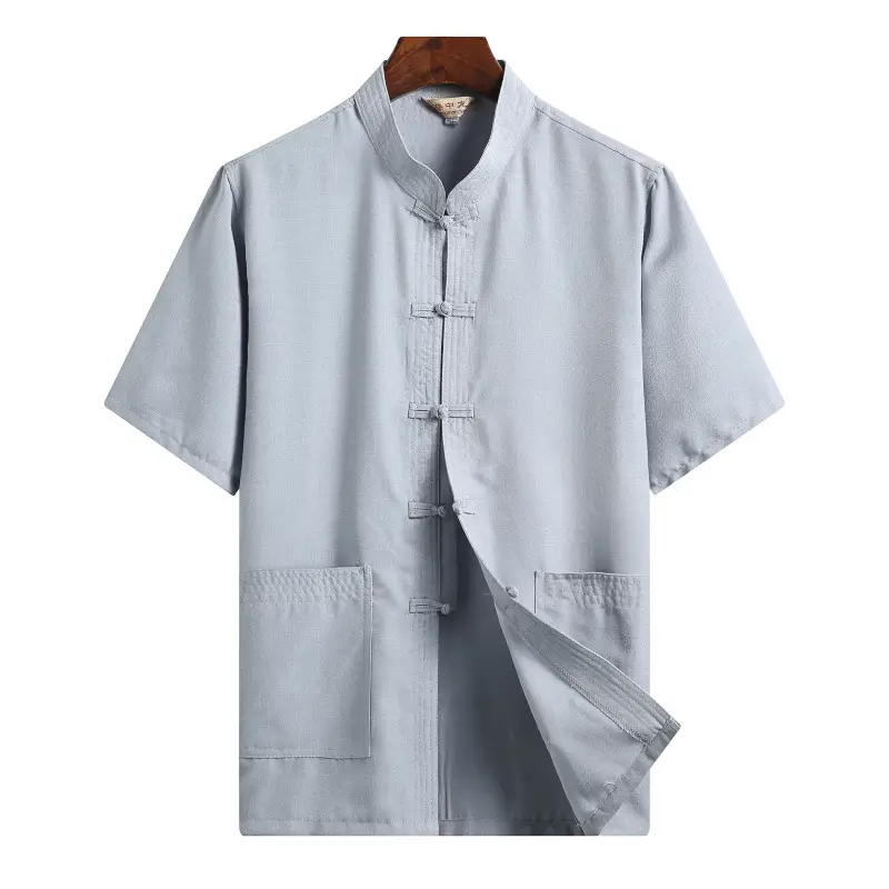 Men Linen Tang Suit White Short Sleeve Chinese Style - Image 7