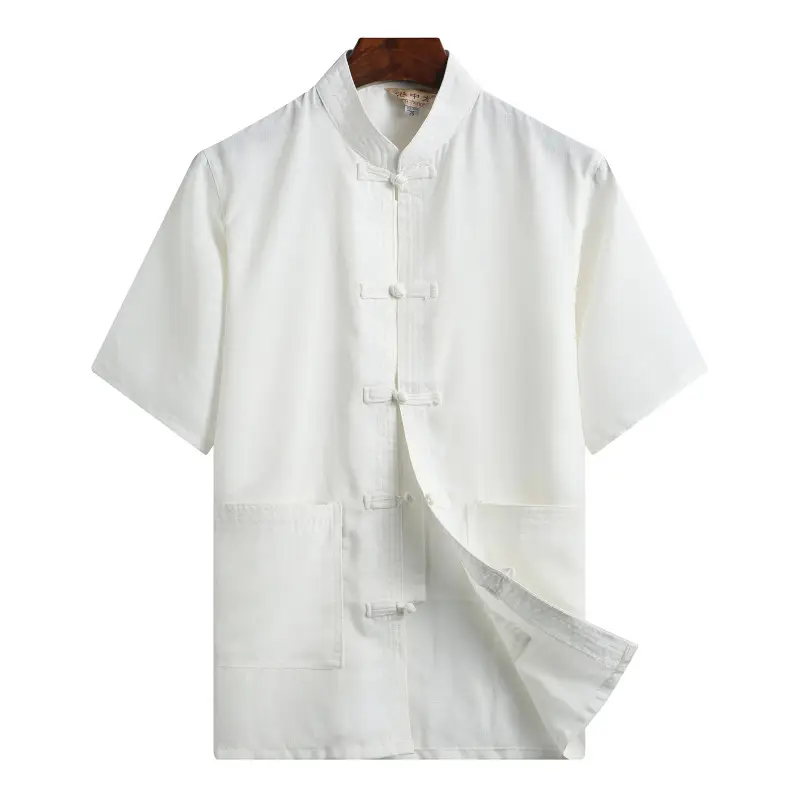 Men Linen Tang Suit White Short Sleeve Chinese Style - Image 8