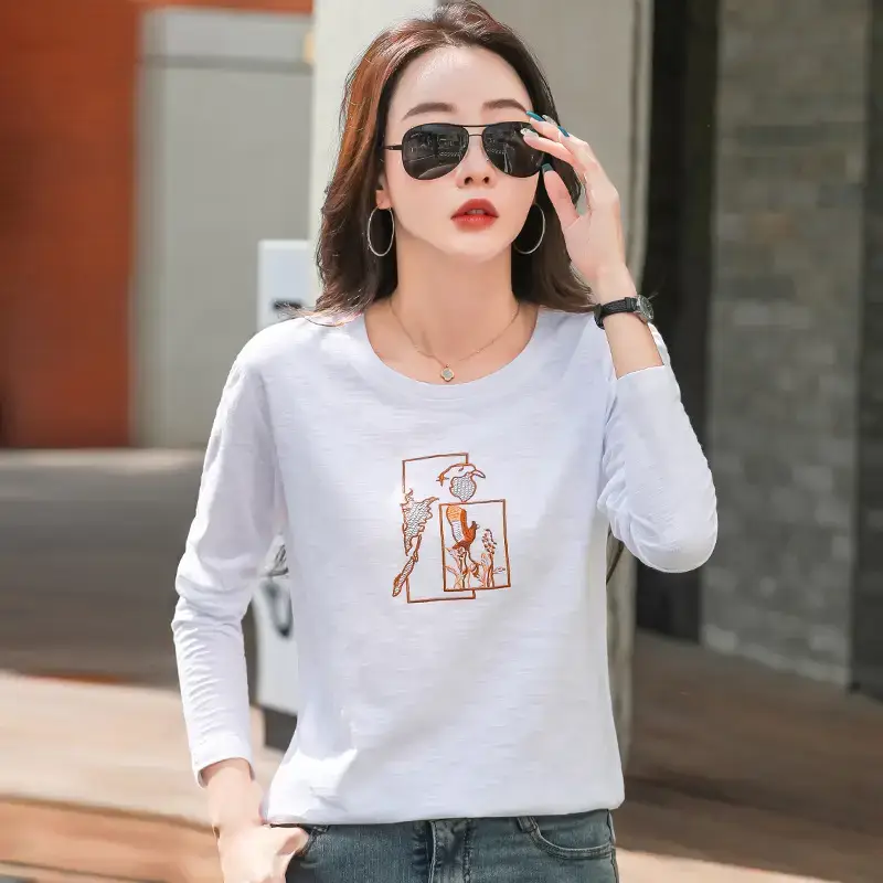 Women Blue Embroidered Long Sleeve T-shirt - Image 3