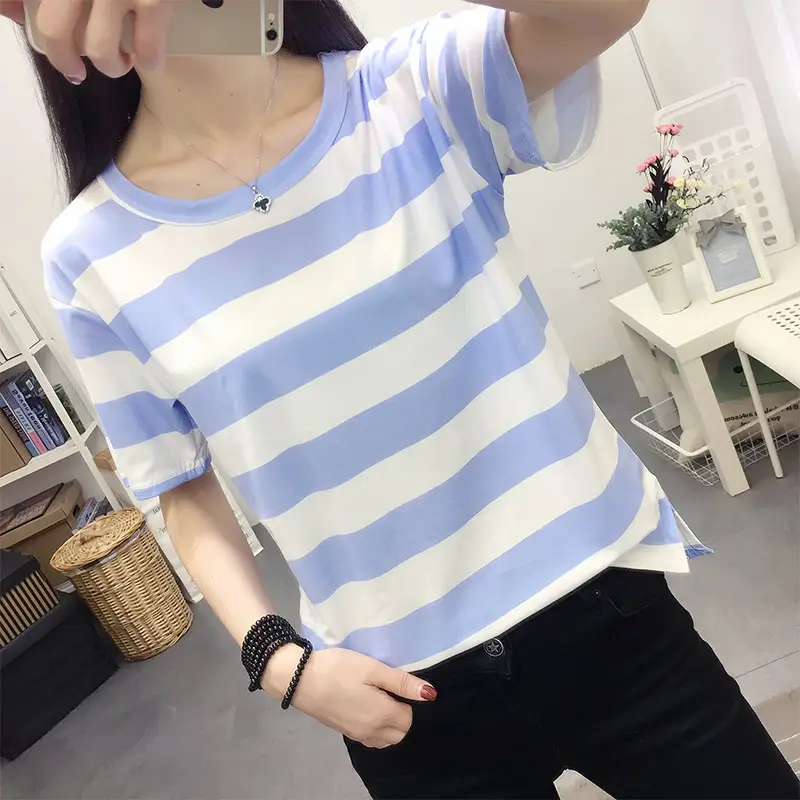 Women Blue White Striped Short Sleeve T-Shirt - Image 7