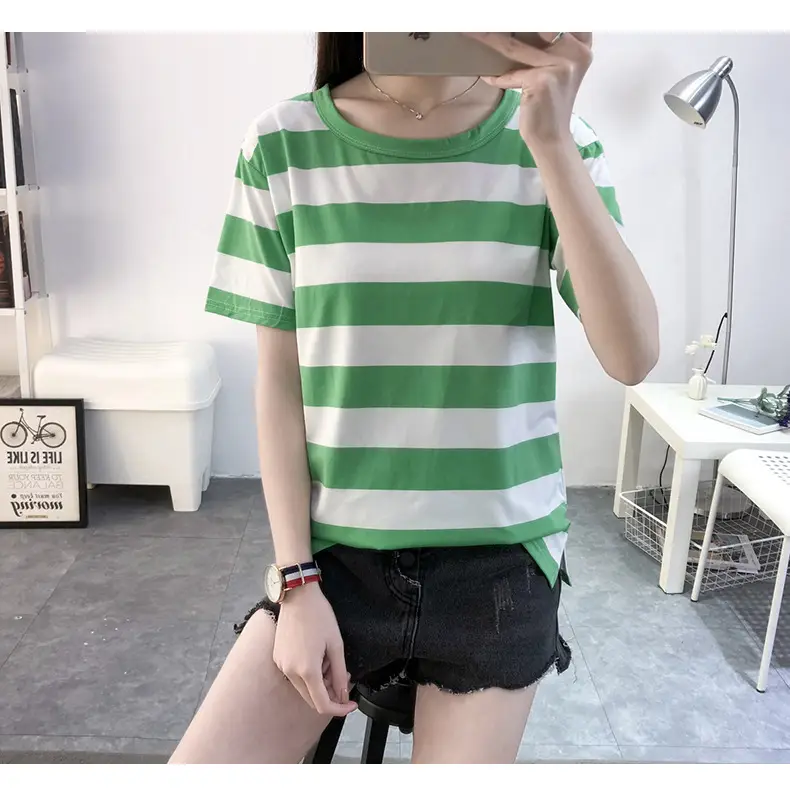 Women Blue White Striped Short Sleeve T-Shirt - Image 9