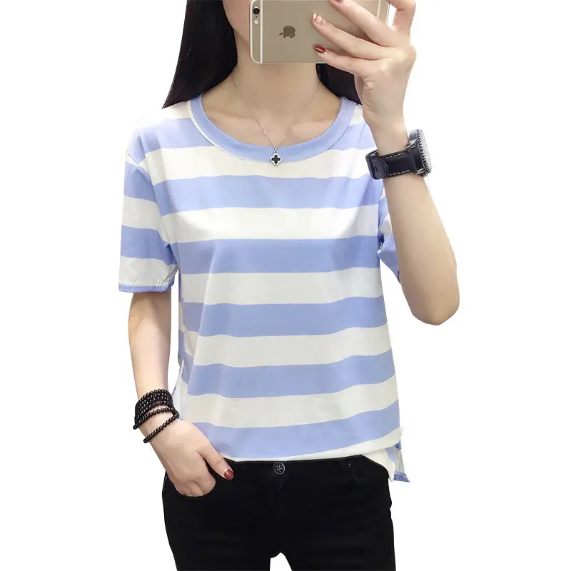 Women Blue White Striped Short Sleeve T-Shirt - Image 11