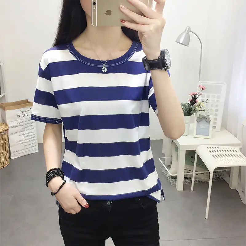 Women Blue White Striped Short Sleeve T-Shirt - Image 4