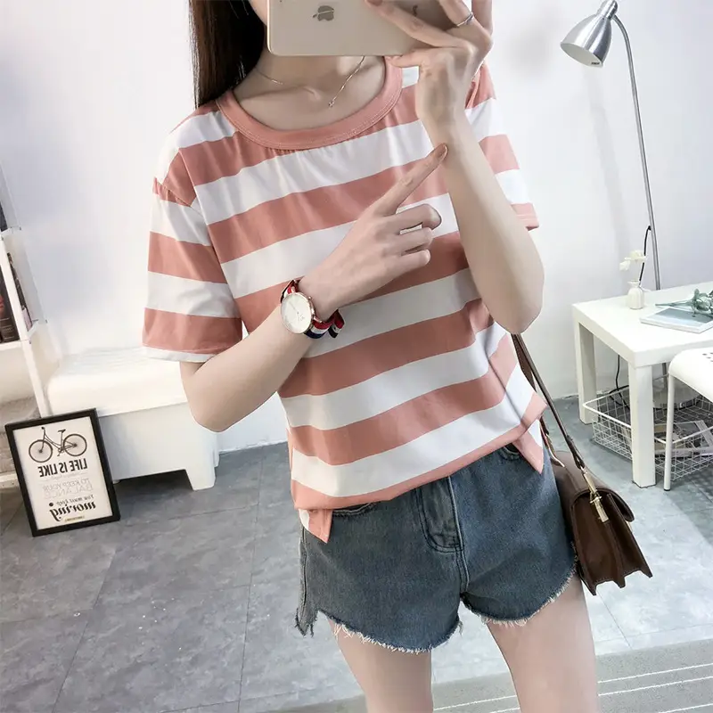 Women Blue White Striped Short Sleeve T-Shirt - Image 6