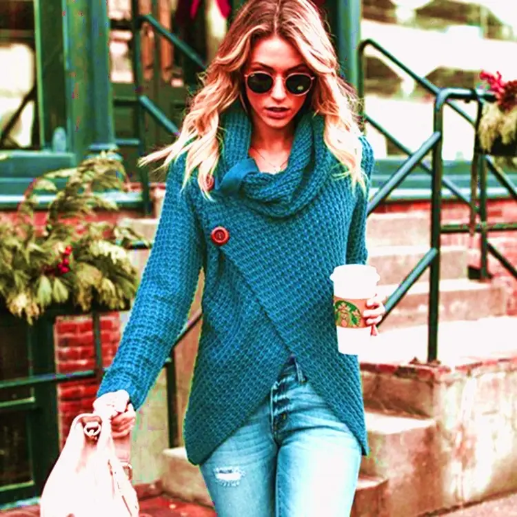 Long-sleeve 5-Button Turtleneck Sweater Solid Color Women - Image 20