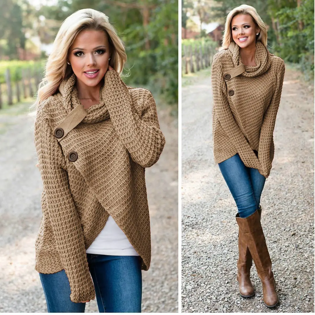 Long-sleeve 5-Button Turtleneck Sweater Solid Color Women - Image 24