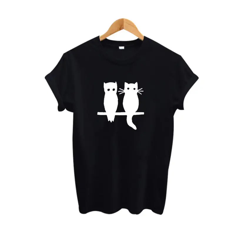 Black T-Shirt with Owl & Cat Design for Men Women - Image 2