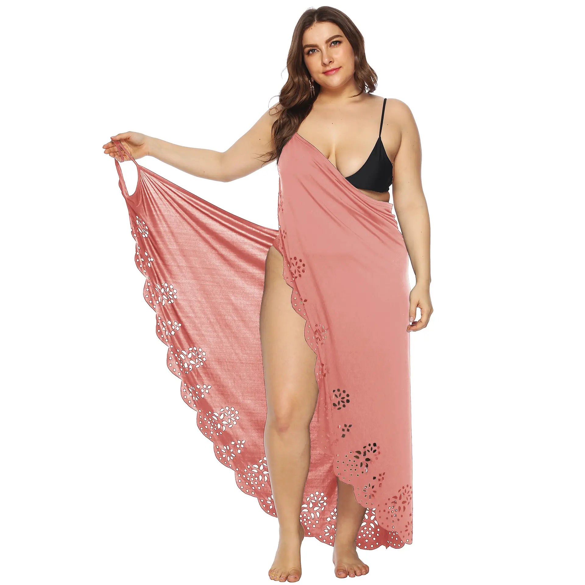 Plus Size Maroon Embroidered Nightgown with High Slit - Image 5