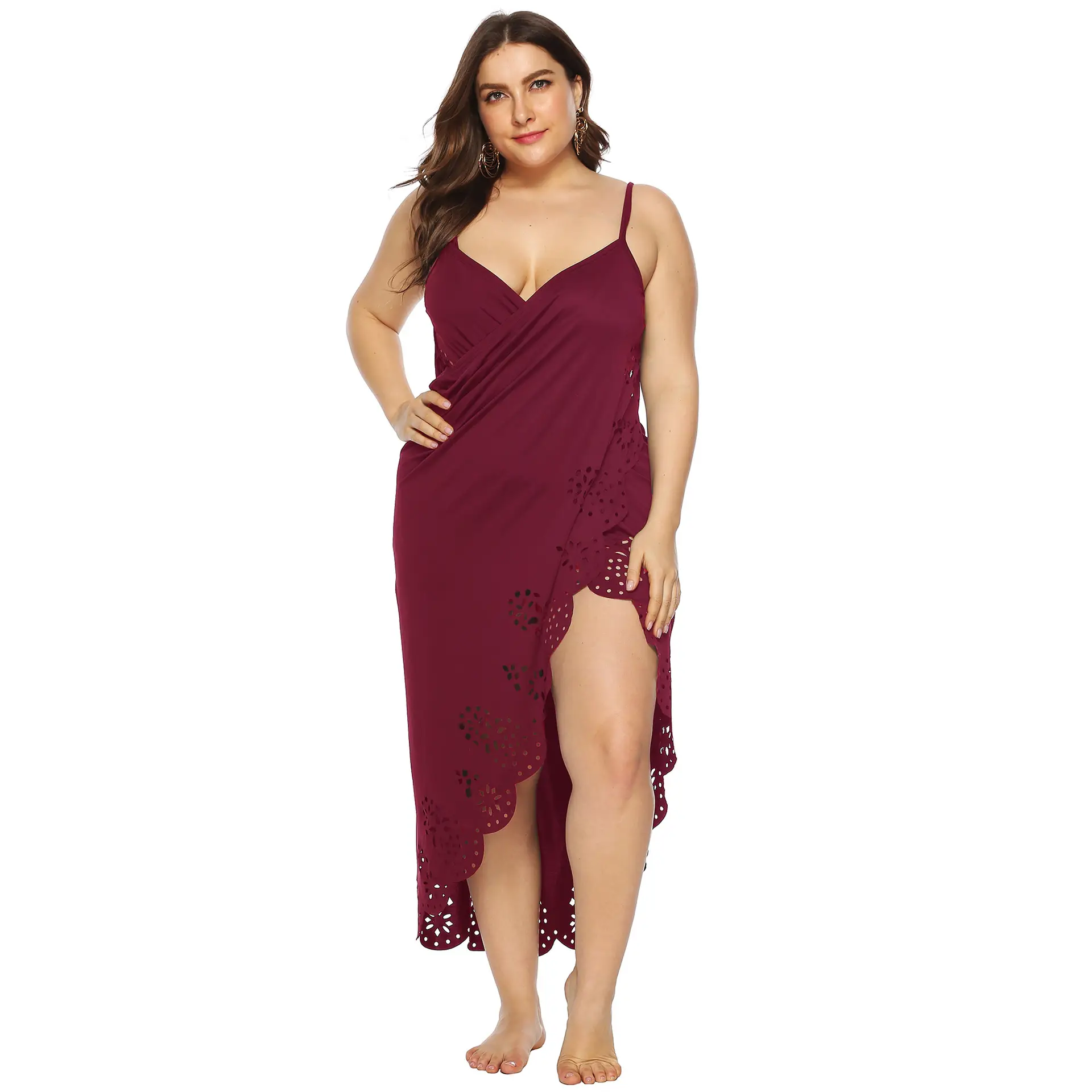 Plus Size Maroon Embroidered Nightgown with High Slit - Image 2