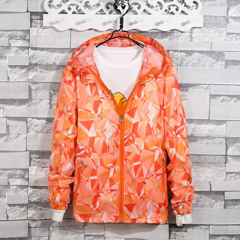 Men's Orange Printed Hooded Sun Protection Coat - Image 4