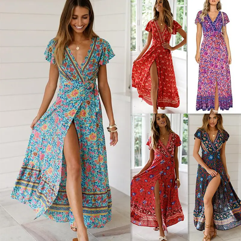 Women Rayon Bohemian Print Long Dress Beach Vacation