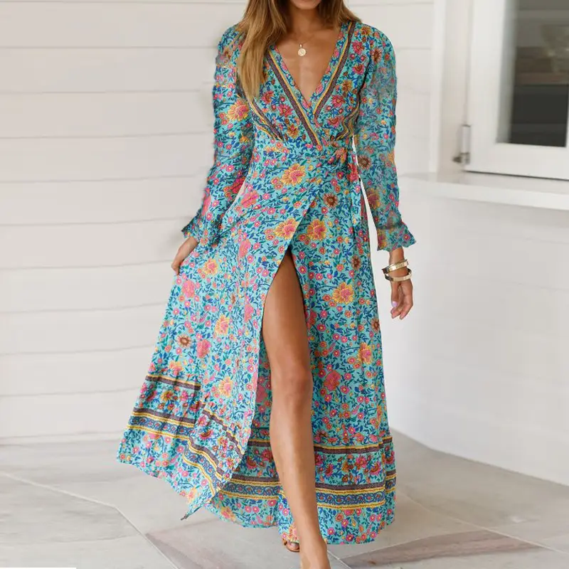 Women Rayon Bohemian Print Long Dress Beach Vacation