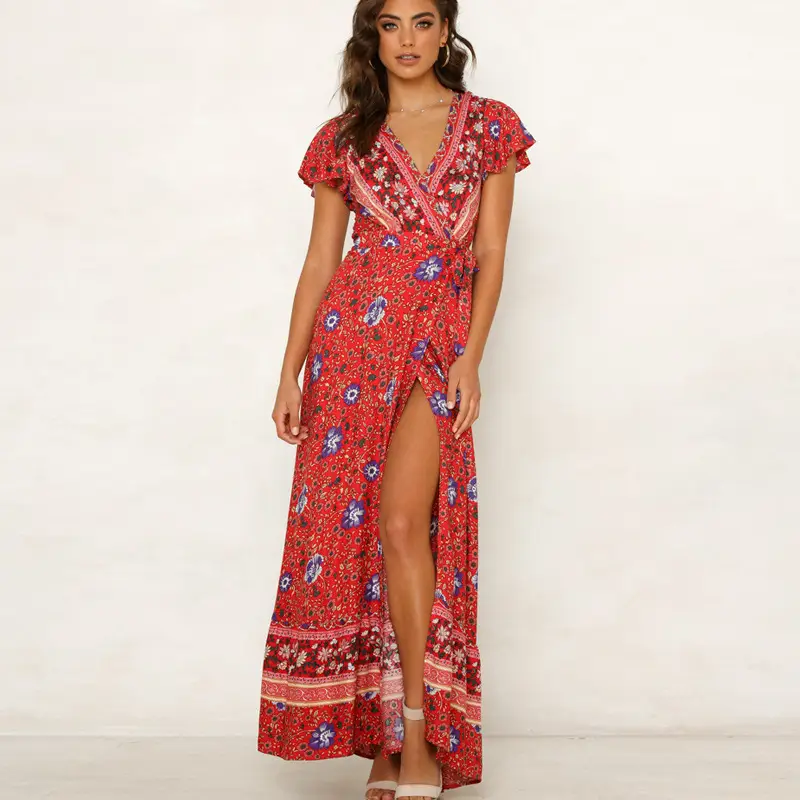 Women Rayon Bohemian Print Long Dress Beach Vacation