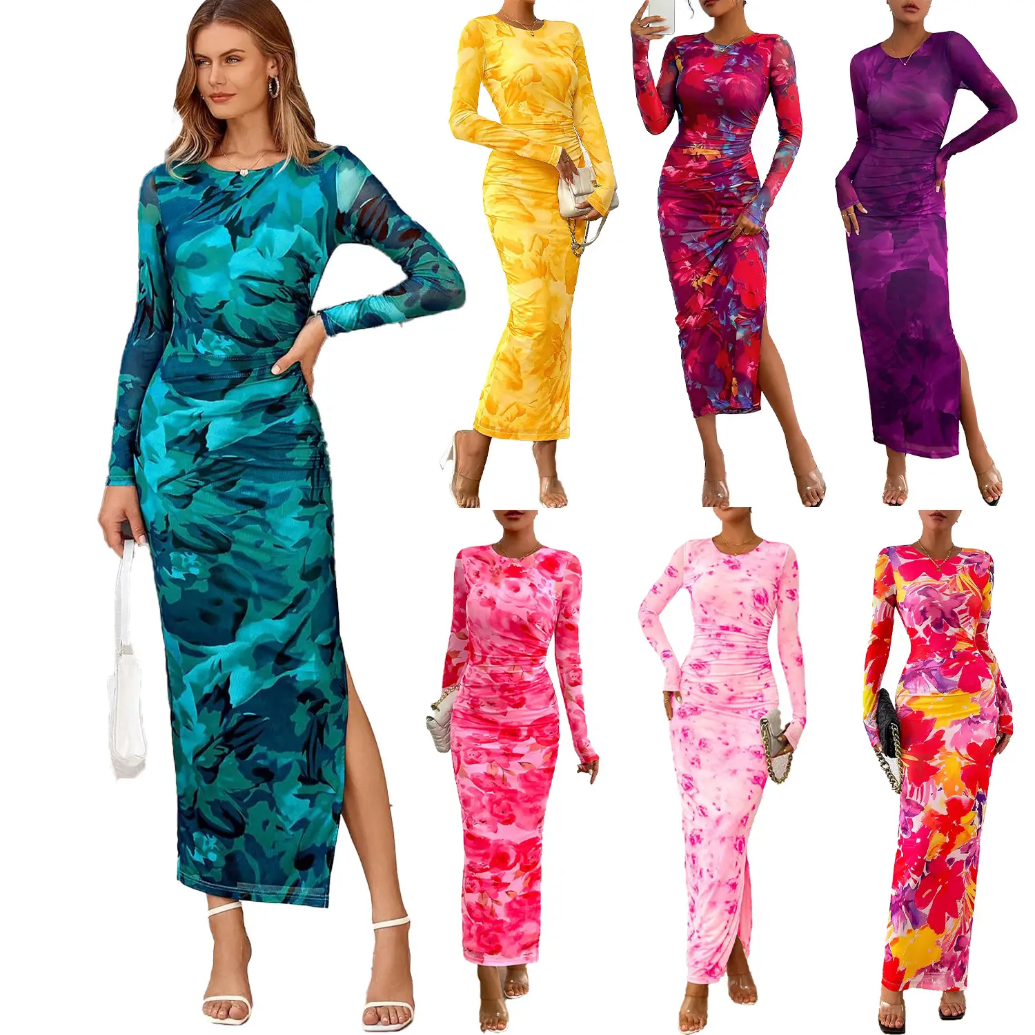 Women Rayon Bohemian Print Long Dress Beach Vacation — feature 1