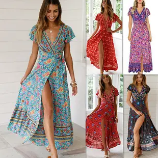 Women Rayon Bohemian Print Long Dress Beach Vacation — feature 10