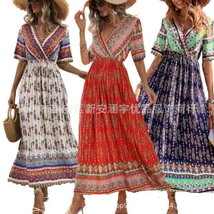 Women Rayon Bohemian Print Long Dress Beach Vacation — feature 11