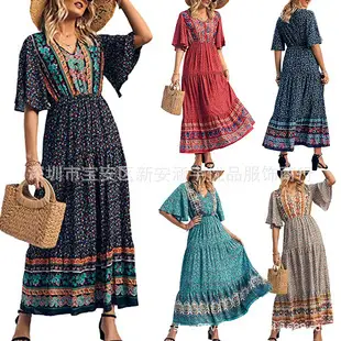 Women Rayon Bohemian Print Long Dress Beach Vacation — feature 12