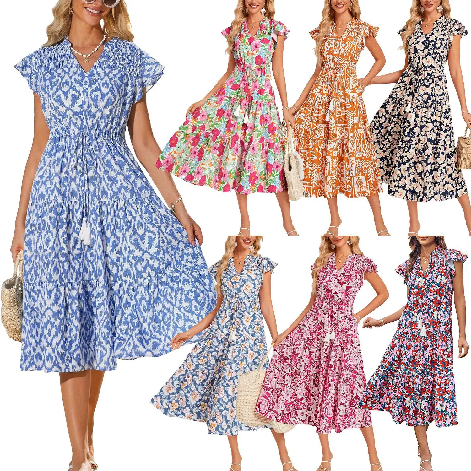 Women Rayon Bohemian Print Long Dress Beach Vacation — feature 14