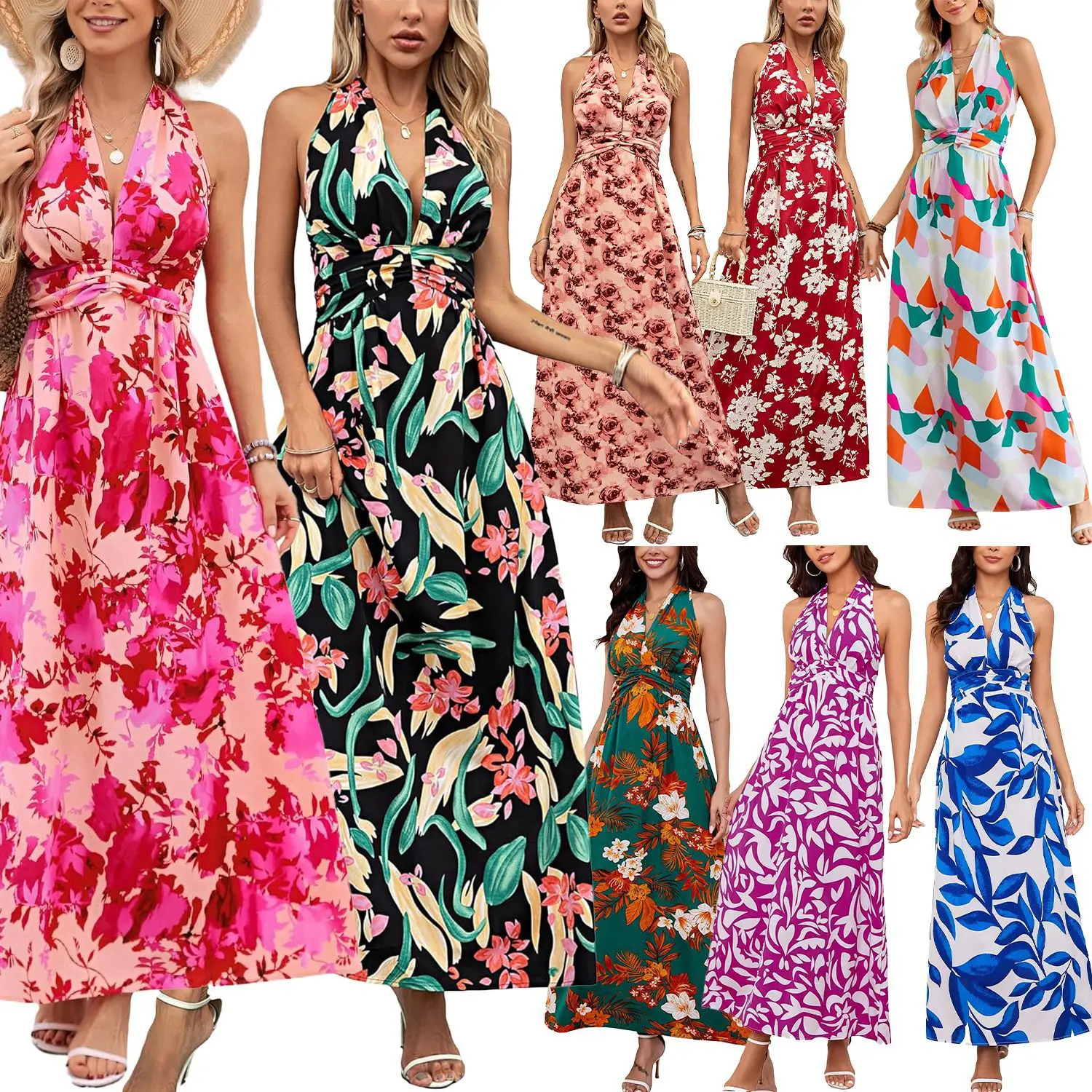 Women Rayon Bohemian Print Long Dress Beach Vacation — feature 3