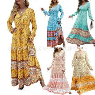 Women Rayon Bohemian Print Long Dress Beach Vacation — feature 8