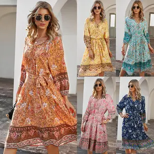 Women Rayon Bohemian Print Long Dress Beach Vacation — feature 9