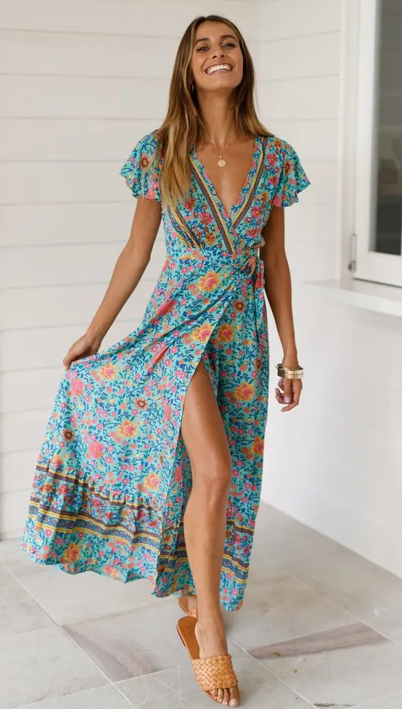 Women Rayon Bohemian Print Long Dress Beach Vacation